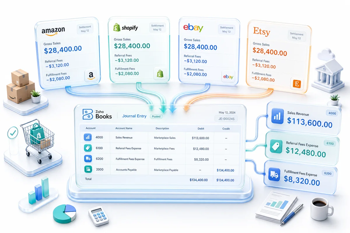 Marketplace Fee Reconciliation in Zoho Books: Amazon, Shopify, eBay & Etsy