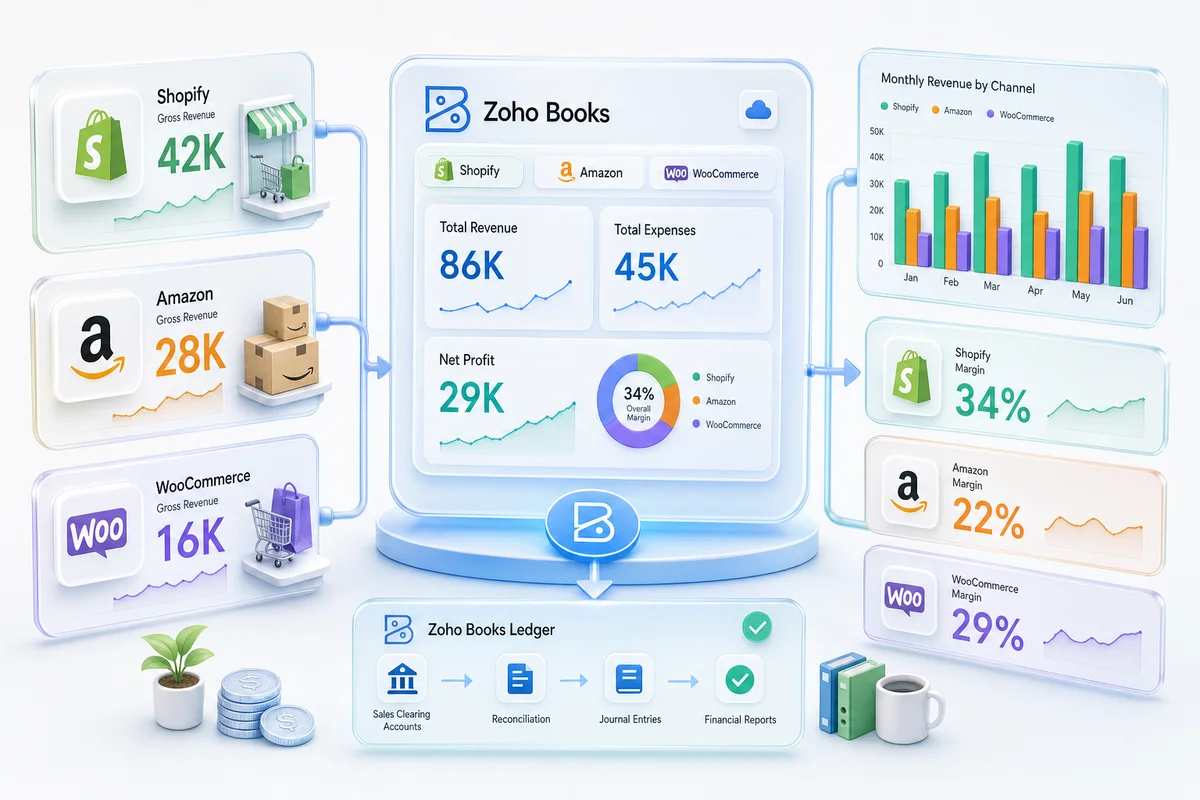 Multi-Channel eCommerce Accounting: How to Consolidate Shopify, Amazon, and WooCommerce in Zoho Books