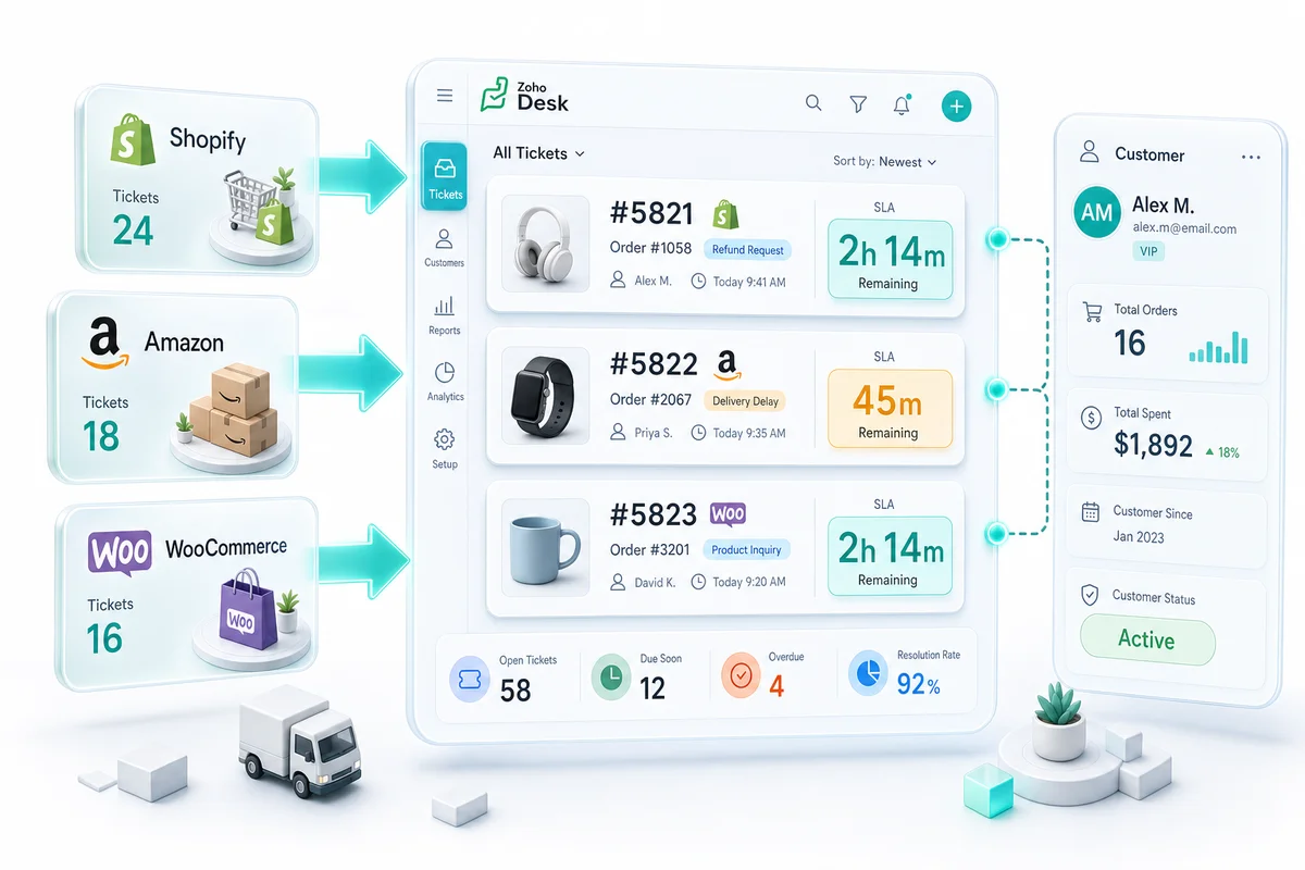 Zoho Desk for eCommerce: Managing Support Tickets from Shopify, Amazon, and WooCommerce